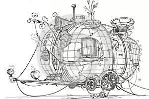 A drawing of a steam powered train, coloring book for kids.