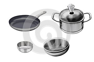 Drawing of Steel kitchen utensils on white background