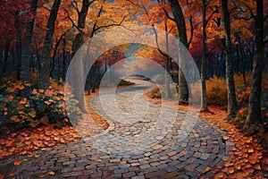 Drawing of a Stone Winding Road in an Autumn Forest extreme closeup. Generative AI