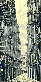 A drawing of a street in a city created with Generative AI technology