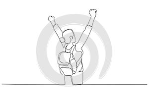 Drawing of student with arms raised on air. Continuous line art style