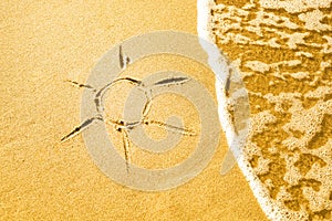 A drawing of the sun made on a sandy beach flooded by the sea wave