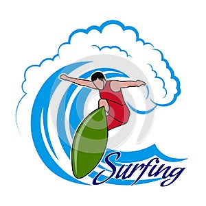 Drawing surfer and big wave.