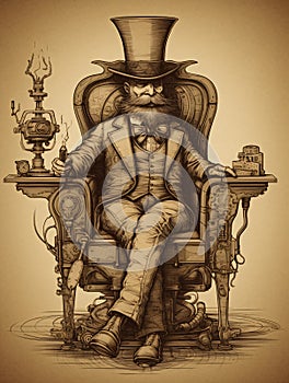 Drawing of a surreal old man sitting in a dieselpunk chair. AI generated