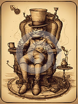 Drawing of a surreal old man sitting in a dieselpunk chair. AI generated