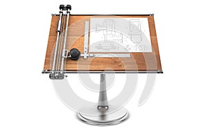 Drawing table with project blueprint isolated on white with clip