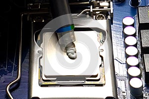 Drawing thermal paste on computer processor. Installing a cooling system on a CPU processor