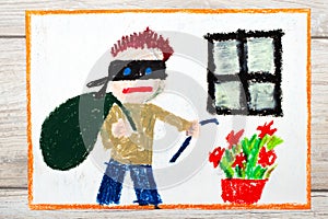 drawing: Thief with mask and big bag, standing next to window.
