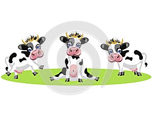 Drawing of three different cows, funny, baby spotted animals. In minimalist style. Cartoon flat raster