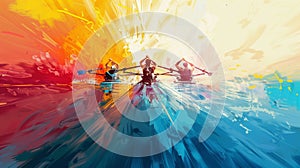 Drawing of three kayaking athletes in abstract style