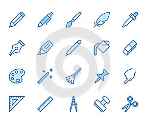 Drawing tools flat line icons set. Pen, pencil, paintbrush, dropper, stamp, smudge, paint bucket, vector illustrations