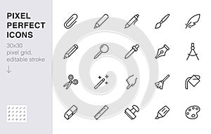 Drawing tools line icons set. Pen, pencil, paintbrush, dropper, stamp, smudge, paint bucket minimal vector illustrations