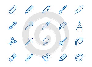 Drawing tools line icons set. Pen, pencil, paintbrush, dropper, stamp, smudge, paint bucket minimal vector illustrations