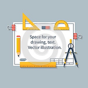 Drawing tools on paper with space for drawings and text. Ruler, photo