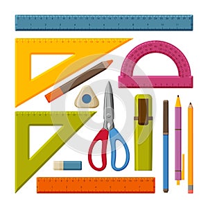 Drawing tools set. School measuring ruler with centimeters and inches. Size indicators with different unit distances