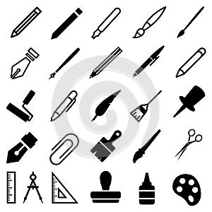 Drawing tools vector icons set. pen or pencil illustration sign collection. Pixel perfect symbol.