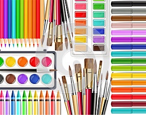 Drawing tools Vector realistic top view. Brush, watercolor palette, pencils, crayons. Detailed 3d illustrations