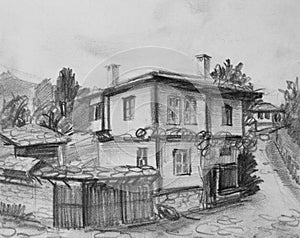 Drawing of Traditional Old Bulgarian House