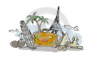 Drawing of travel stuff and touristic landmarks