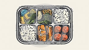A drawing of a tray with different types of food on it, AI