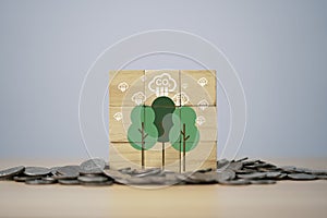 Drawing of tree and CO2 reduction icon print screen on wooden block cube and heap of coins for decrease CO2 , carbon footprint and