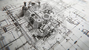 Drawing of turbine engine with longitudinal section for studying arrangement of blades and combustion chambers