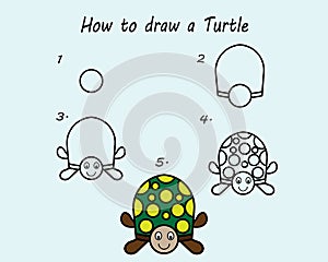 Drawing tutorial a Turtle. Step by step repeats the picture. Drawing lesson for children. Vector illustration.