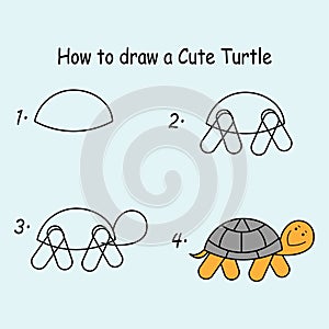 Drawing tutorial a Turtle. Step by step repeats the picture. Drawing lesson for children. Vector illustration.