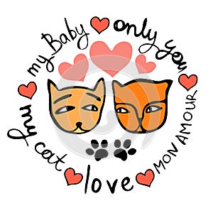 A drawing of two cats in love, made in a circle with romantic.