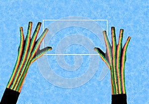 Drawing of two colorful hands holding sign