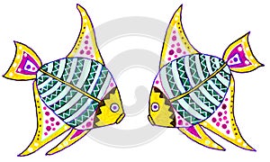 Drawing of two colourful fish.