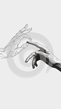 A drawing of two hands reaching for each other, AI