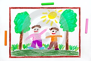 Drawing: Two smiling boys are walking in the woods