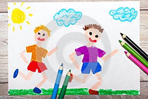 Drawing: two smiling running boys