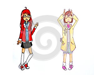 Drawing of two standing girls on a white background in anime style