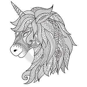 Drawing unicorn zentangle style for coloring book, tattoo, shirt design, logo, sign. stylized illustration of horse unicorn in tan photo