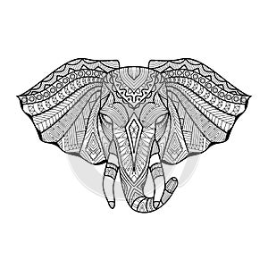 Drawing unique ethnic elephant head for print, pattern,logo,icon,shirt design,coloring page.