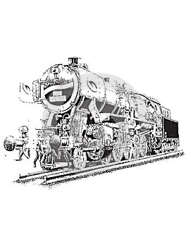 Drawing in a valer of white, gray and black. Steam locomotive on railway rails