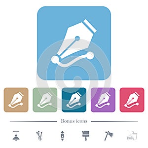 Drawing vector curve with pen tool solid flat icons on color rounded square backgrounds