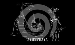 Drawing vector illustration outline old Pagodas and elephants Thailand