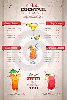 Drawing vertical color cocktail menu design