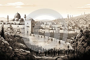 a drawing of a view of a city with a river, a detailed vector illustration of an ancient ci