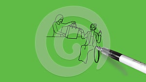 Drawing view of handicap lady taking gift from girl in black and blue dress colour combination on abstract green background