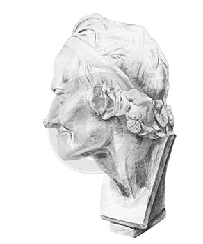 Drawing of Voltaire`s plaster head. Head of Voltaire in profile