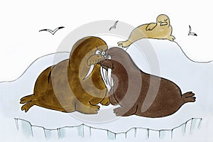 Drawing of walruses making claims to each other