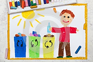 drawing:  Waste separation. Smiling boy segregating their garbage to different colored trash bins.