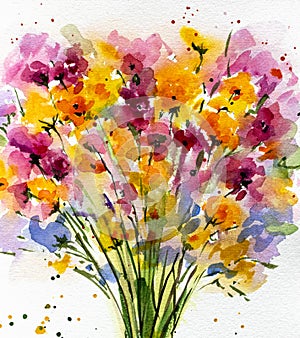 Drawing watercolor flowers on a white background..impressionistic style, flower painting, flower bouquet, bright colors. Artistic