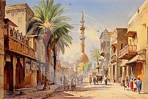 Drawing in watercolors, wallpaper, landscape, streets of ancient Egypt, where the houses, minarets and markets photo