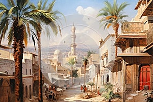 Drawing in watercolors, wallpaper, landscape, streets of ancient Egypt, where the houses, minarets and markets photo