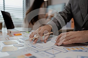 drawing website ux ui app for mobile phone application and development template layout, UI development, designer team working on a